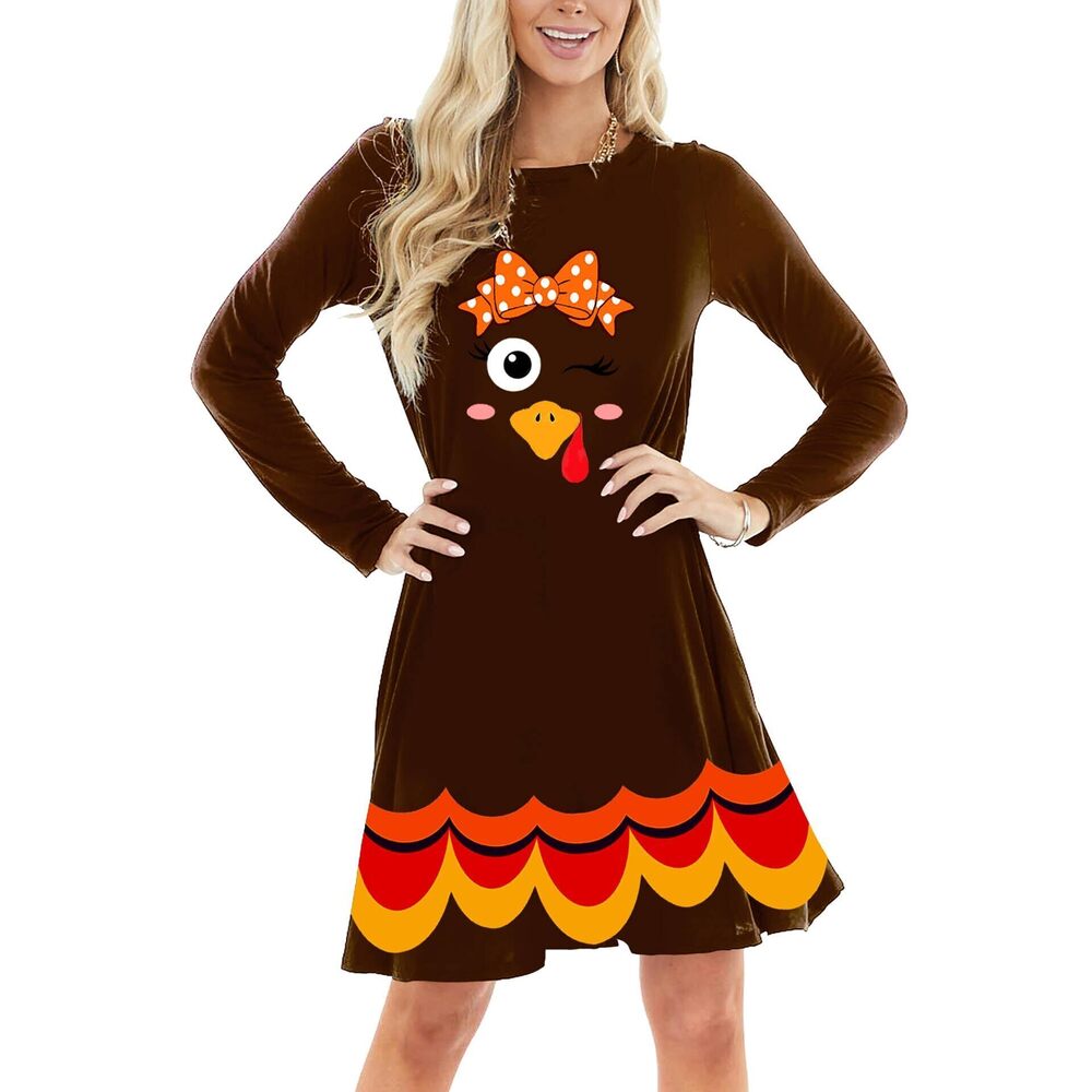 9793 Thanksgiving Day Dress Cute Turkey Face Graphic Dresses Long Sleeve